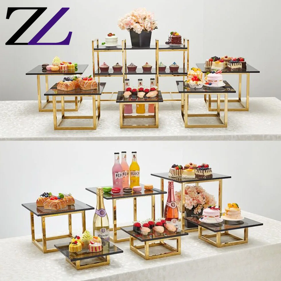 Buffet elevation catering supplies decorative royal metal food rack luxury buffet display riser black plate slate cake stand