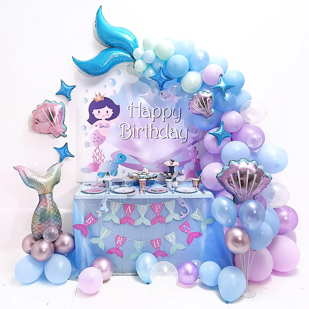 Mermaid Theme Sea Party Decoration Pink Blue Latex Balloon Mermaid Tail Balloons Arch Garland Kit For Birthday Party
