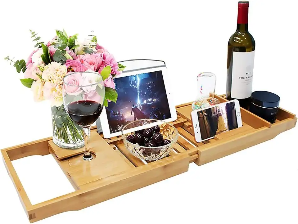 Deluxe bamboo bath Caddy with extendable multi-function bamboo bath tray, with book holder, wine glass holder bathroom rack
