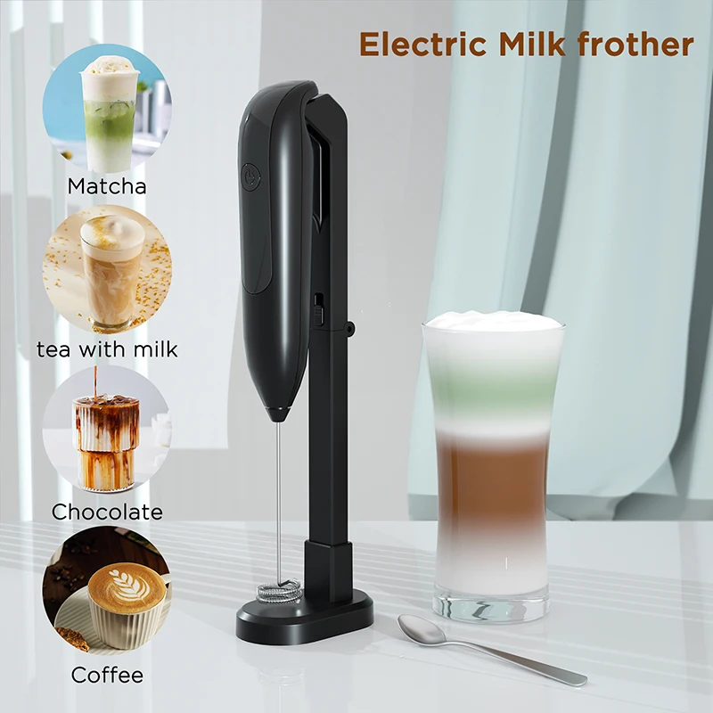 Rechargeable Milk Frother Handheld Electric Foam Maker Detachable Stainless Steel Whisk Drink Mixer Foamer with Stand