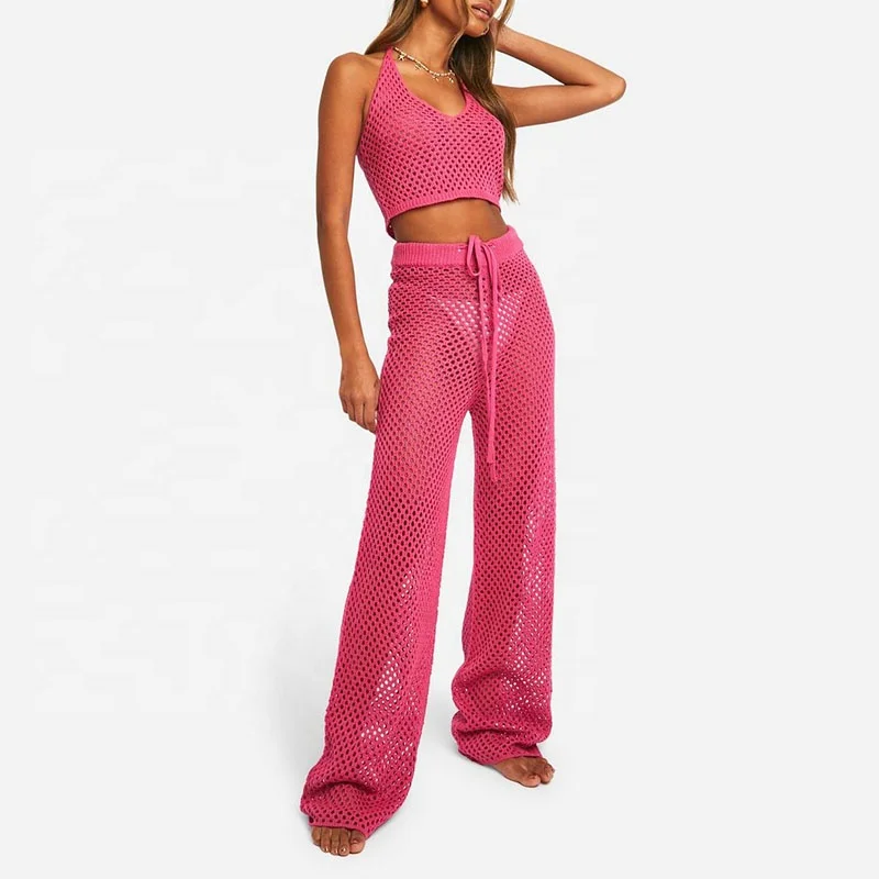 Custom co ord set women two piece set women clothing Crochet Bralette And Wide Leg Pants Knitted Set