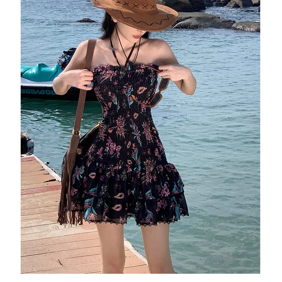 2024 Summer New Fashionable and Sexy Bra Hanging Neck Fold Waist Folding Print Design Sense Short Hip Wrap Dress