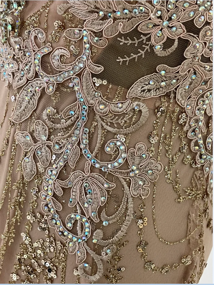 drop shipping low MOQ Floor length jeweled garland motif mermaid gown sweep train deep V prom Dress