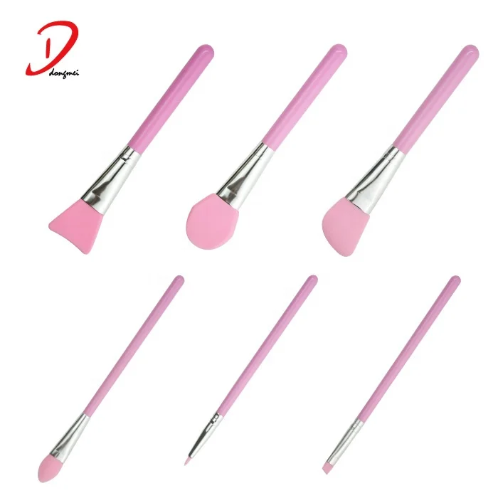Dongmei Manufacture Durable Easy to Clean Pink Silicone Brush Set Mask Brush Wooden Handle Makeup Brush Set