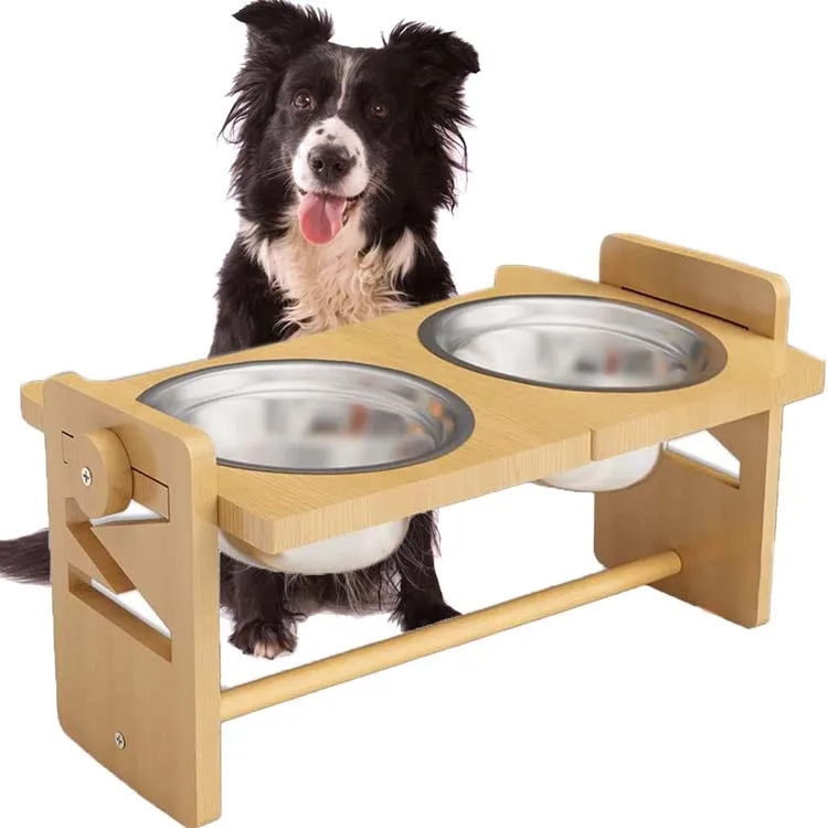 Adjust Height Large And Medium Dogs Stainless Steel Bowl High Quality Pet Water Food Wooden pet feeder