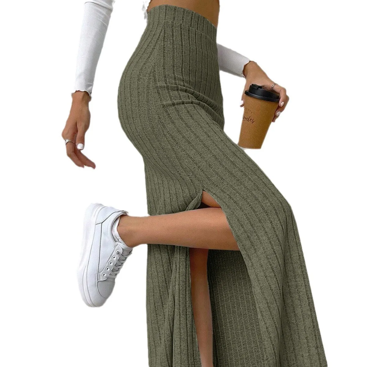 2024 Autumn Winter Women High Waist Sexy Slim Side Slit Skirt Elegant Warm Long Skirts Fashion Sweater Knitted Half Length Skirt