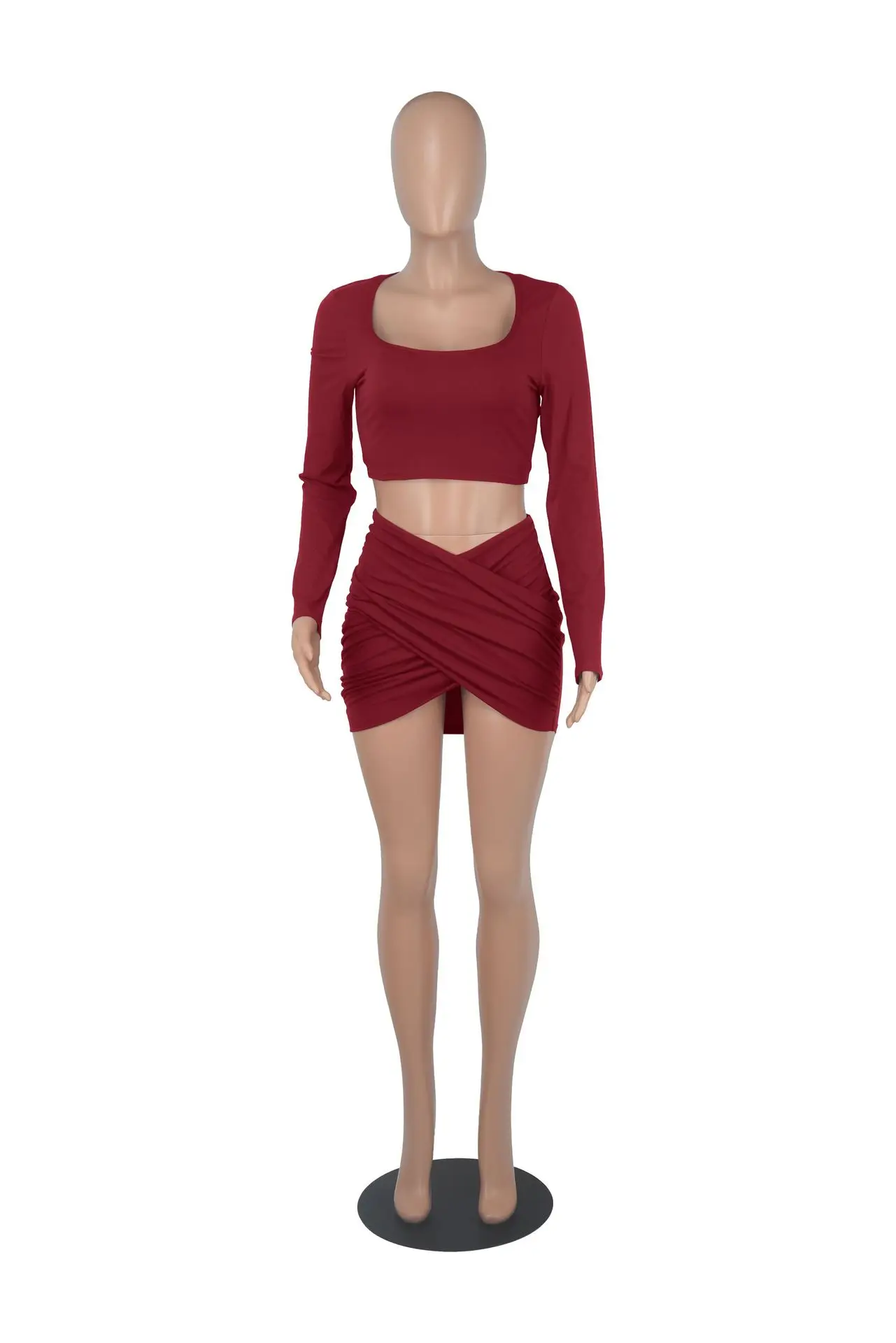 Amazon Top Selling Women Solid Square Neck Crop Top Mini Skirt Sexy Outfit Two Piece Set