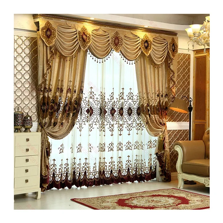 Ready Made Embroidery Window Luxury European Curtains for Living Room with Valance