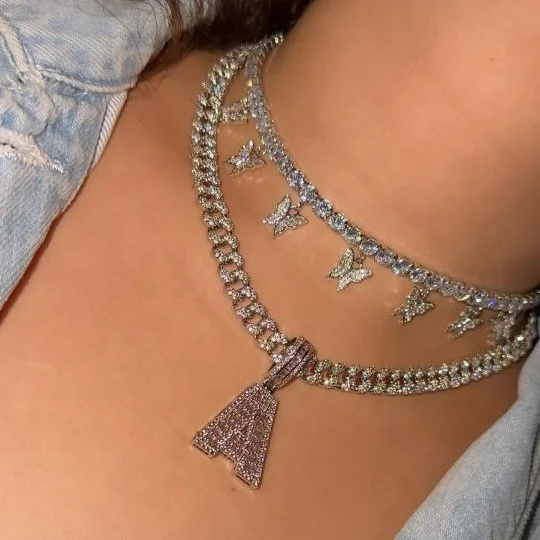 trendy women delicate tennis chain choker necklace silver brilliant shining cubic zirconia diamond butterfly charms necklace