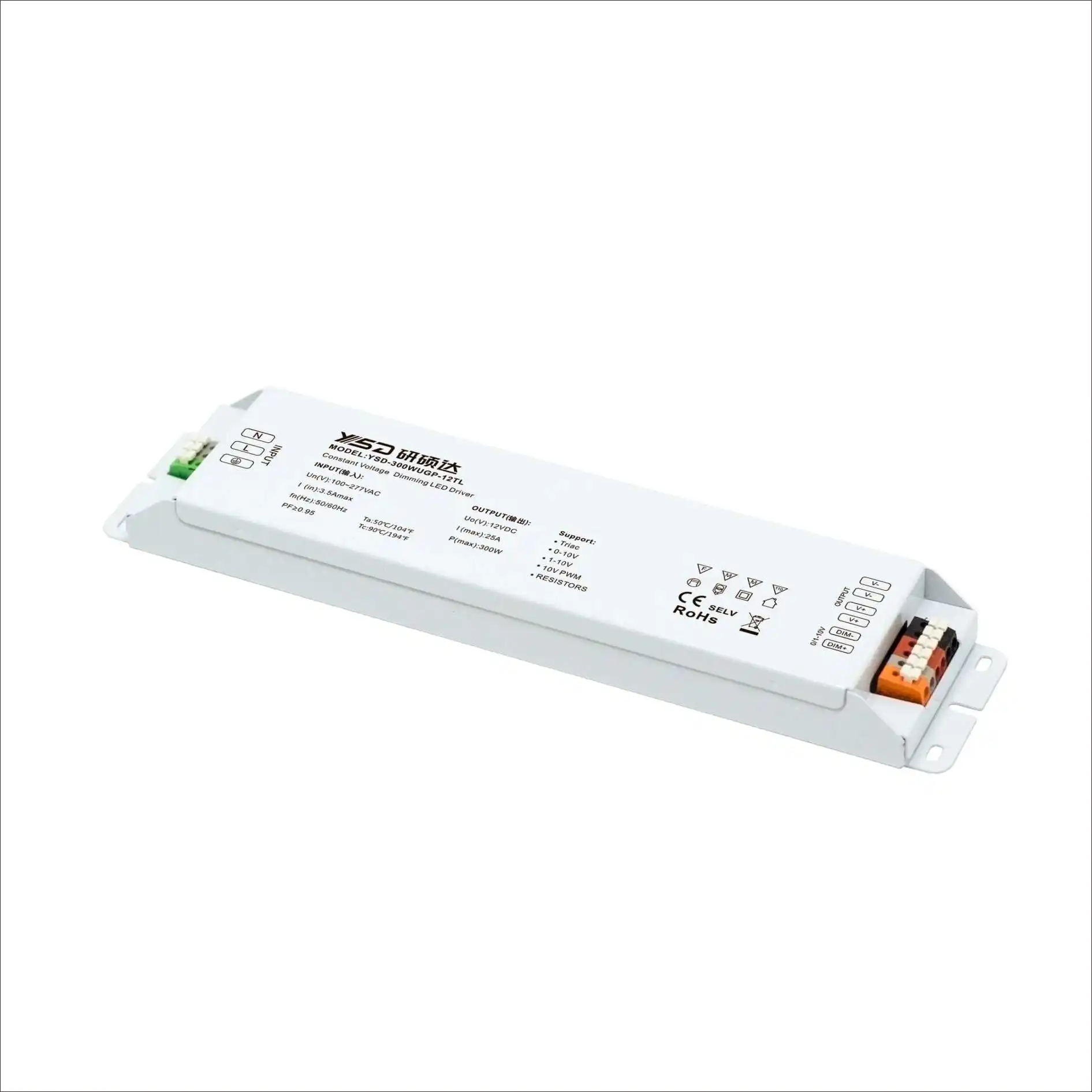 YSD of high PFC support 100-277V dimming IP40 switch led driver triac 0-10v 1-10v 10v PWM 12v 24v 60w 100w 200w led power supply