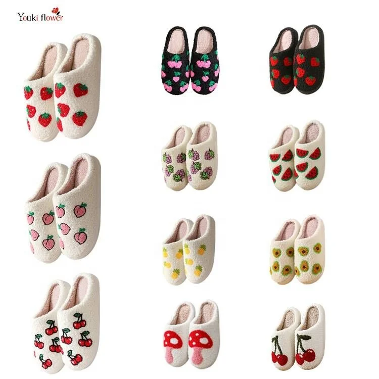 Winter home fruit pineapple avocado peach watermelon grape cherry mushroom strawberry cotton slippers for women