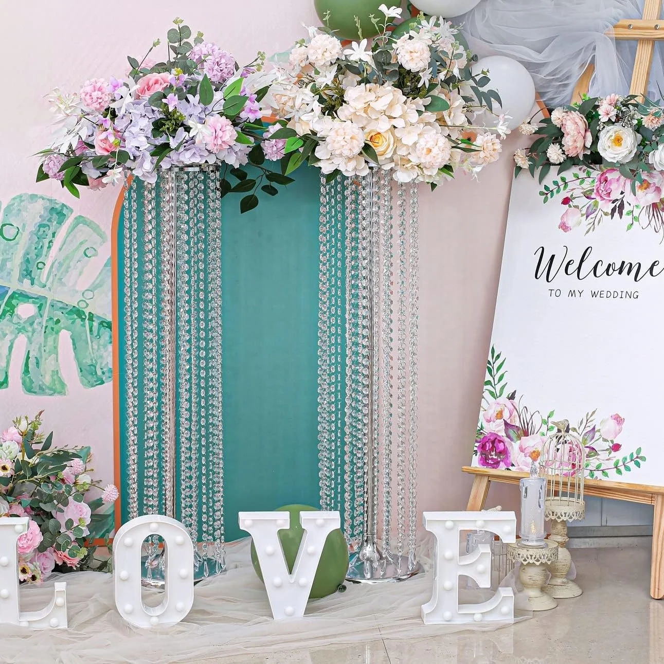 Wedding Crystal Bead Flower Stand Main Table Centerpieces Decoration Road Guide Tall Metal Gold Flower Stand