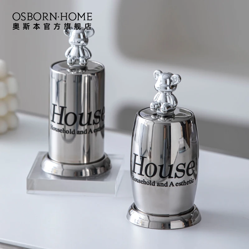 OSBORN Sliver Stainless Steel Hand Press Type Toothpick Dispenser Holder Metal Bear Toothpick Storage