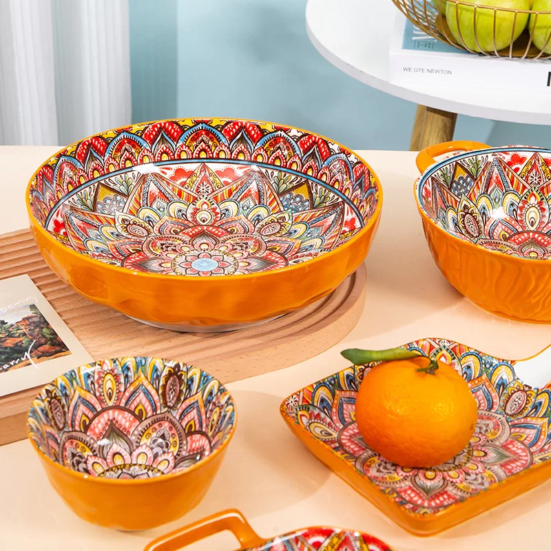 Sustainable Bohemian Ceramic Dinnerware Set Assorted Dishes Household Baking Tray With Plant Pattern Environmentally Stocked
