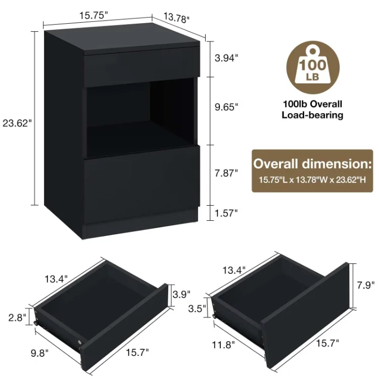 Wholesale Furniture Supplier Cheap Bedside Table 2 Drawers Tables Wooden Black Modern End Side Fluted Nightstand
