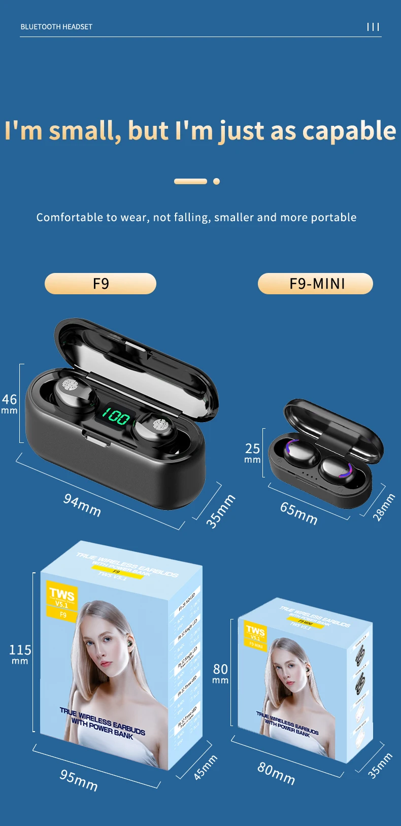 F9 Mini TWS Bluetooth Wireless Headphones with Mics Sport Waterproof TWS Earphones Touch Control Music Earbuds Mini Flashlight