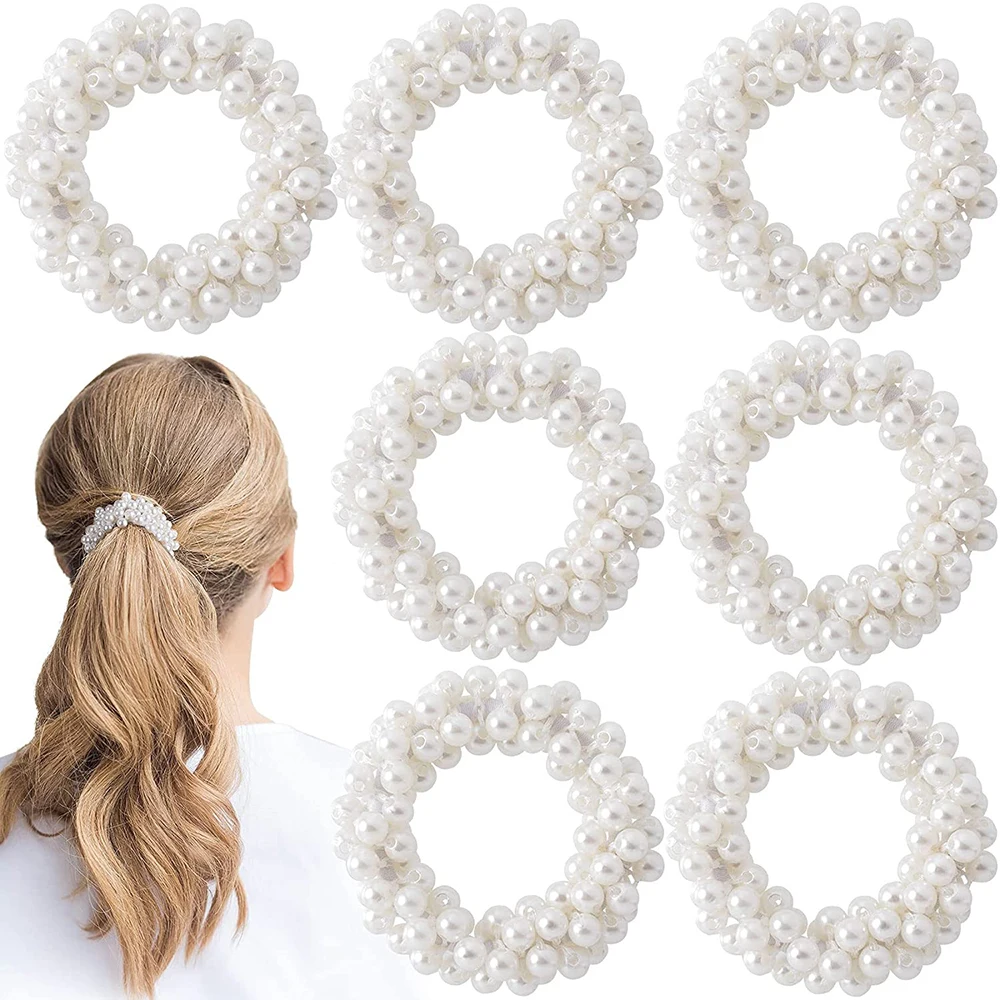 White Pearl Hair Ties Scrunchies Elastic Pearl Ponytail Holder Hair Bands Ropes Hair Accessories for Women and Girls