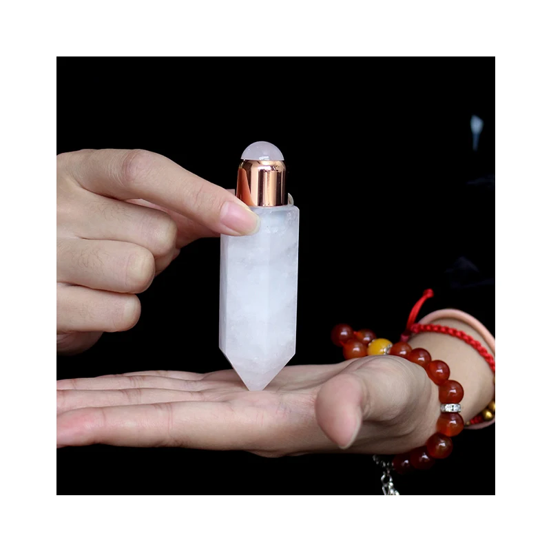 Natural 10ml Gemstone White Crystal Clear Quartz Essential Oil Bottles With Roll On Ball