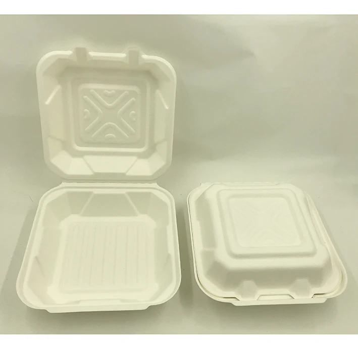 8' Disposable Takeaway Bagasse Compostable Tableware Food Packaging Sugarcane Biodegradable Clamshell Container