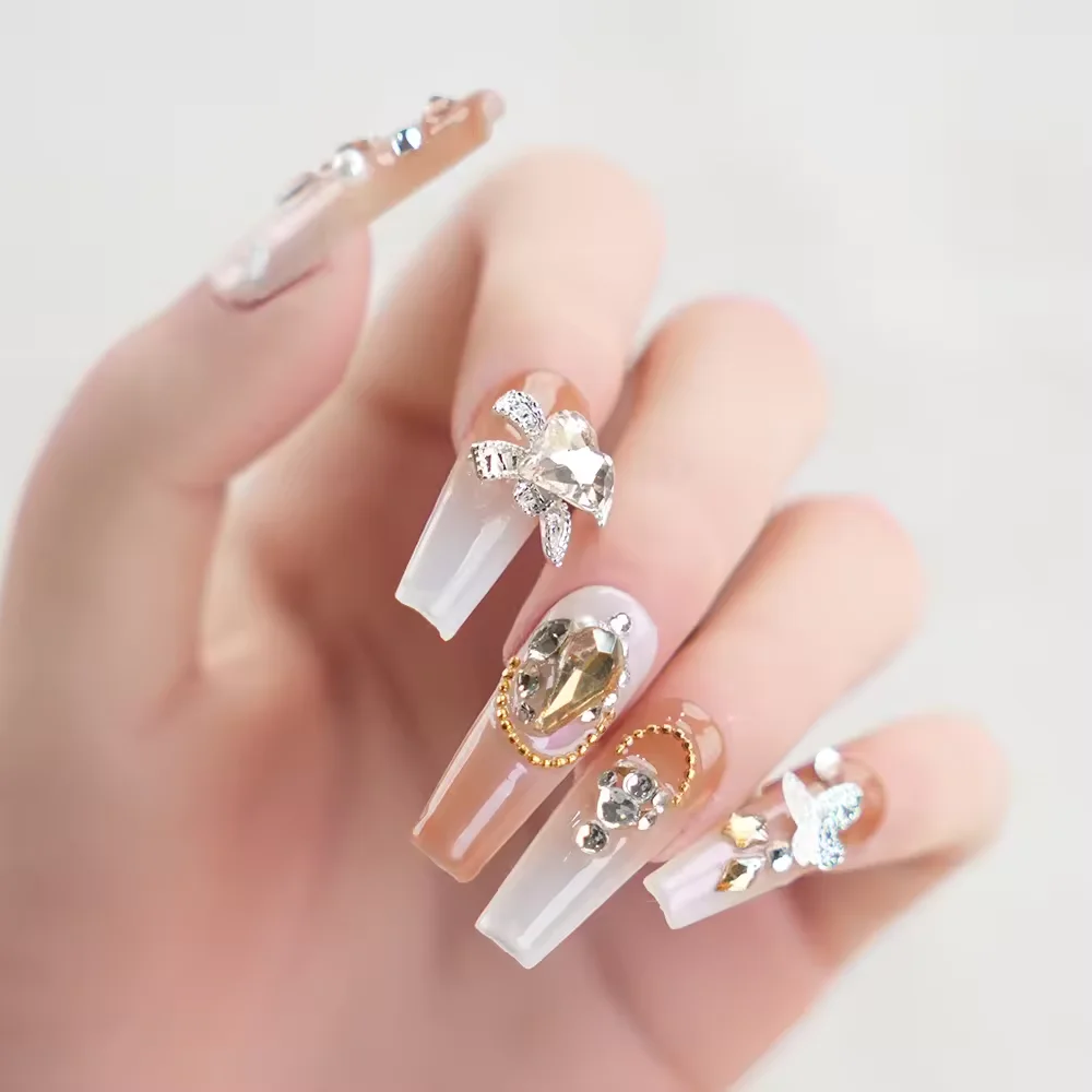 Long Lasting Handmade Nail Press On Gold Flower And Leaf Metallic Artificial Nails Human Finger Nails For Sell