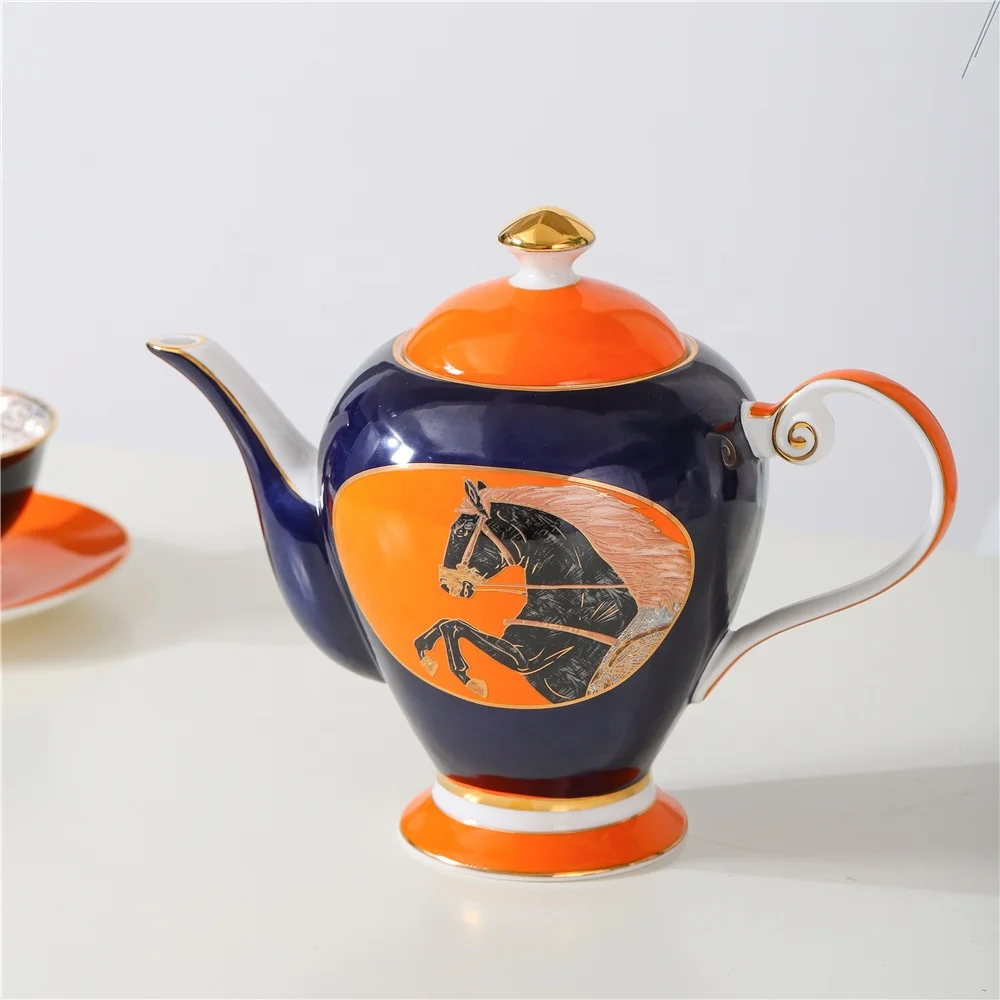 JIABAIEN Royal style 15pcs bone China tea set horse decal colorful design teapot tea cup set custom ceramic coffee set for gift