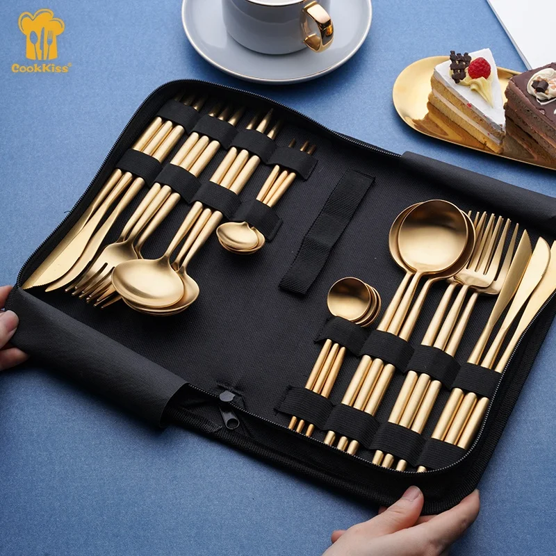 Customizable Packaging 24 Pieces Portable Camping Picnic Travel Gold Plated Flatware Silverware Dinnerware 24 Piece Cutlery