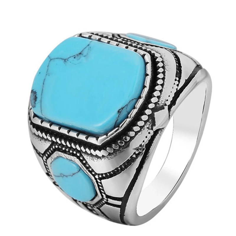 Custom Trendy Mens Jewelry Men Ring Mens Ring Band Turquoise 316l Stainless Steel Stone Natural Blue Silver Opp Bag Ball Zircon
