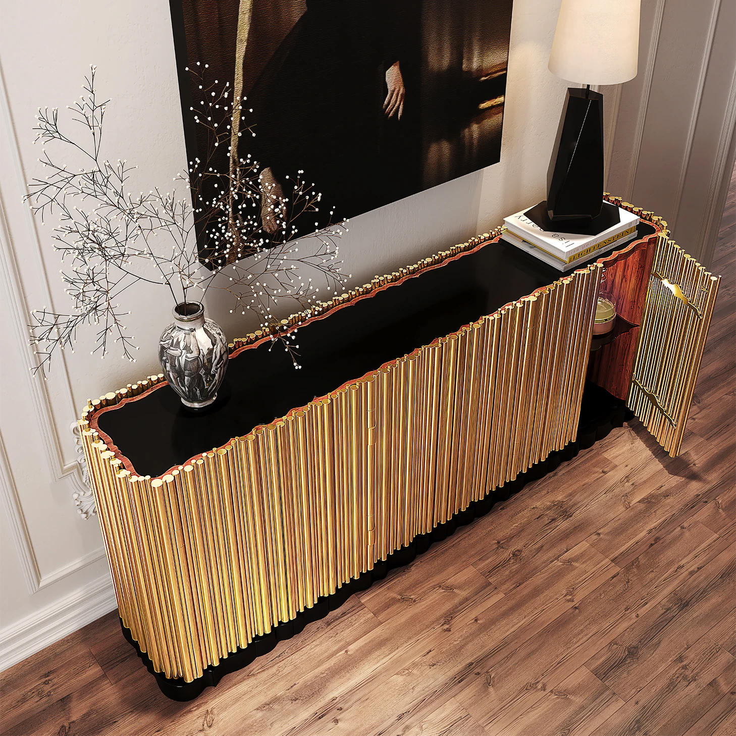 Gold Stainless Steel Cabinet Furniture Modern Hallway Sideboards Luxury Gloss Top Console Dining Room Sideboard wine Cabinet