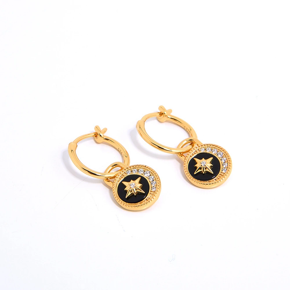 925 Sterling Silver 18K Gold Plated Fashion Jewelry Black Onyx Stone Green Malachite White Shell Gemstone Moon Star Earrings
