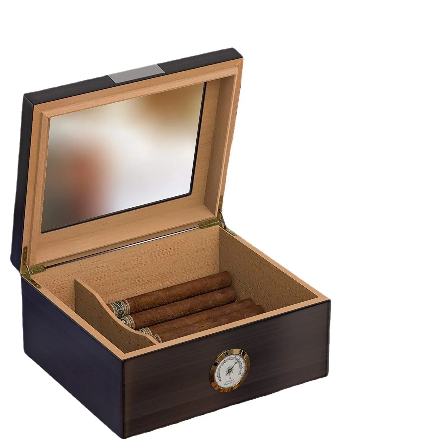 Glossy Wooden Cigar Humidor Large Capacity for 25-50 cigars Cigar Travel Case with hygrometer