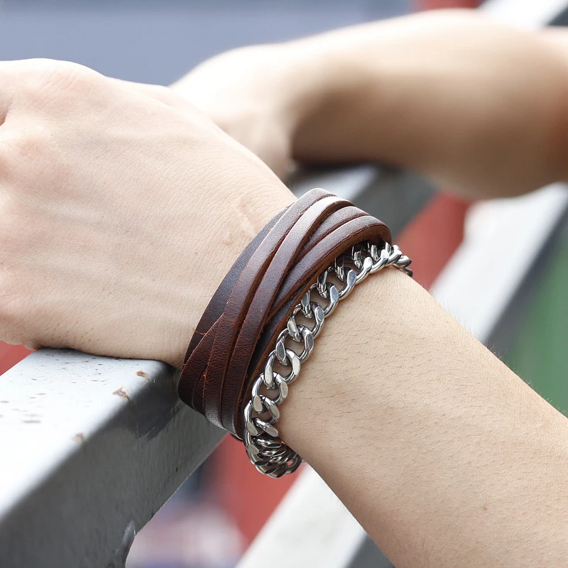 Vintage Punk Genuine Real Leather Bracelet Bangle For Men Handmade Leather Wristband Steampunk Jewelry Mens Bracelets