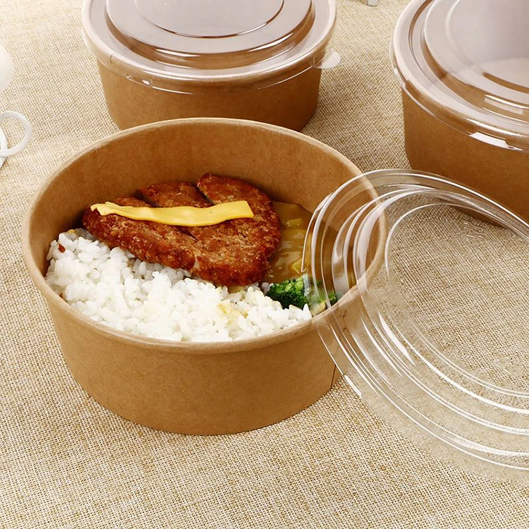 Waterproof Salad Bowl Disposable Take Out Kraft Paper Soup Bowl With Lid Takeaway Kraft Paper Large Salad Bowls