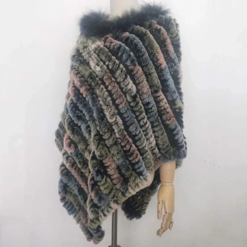 Women Knitted Loose Real Rex Rabbit Fur Poncho With Raccoon Fur Trimming Fashion Long Ladies Cape Female Natural Fur Shawl