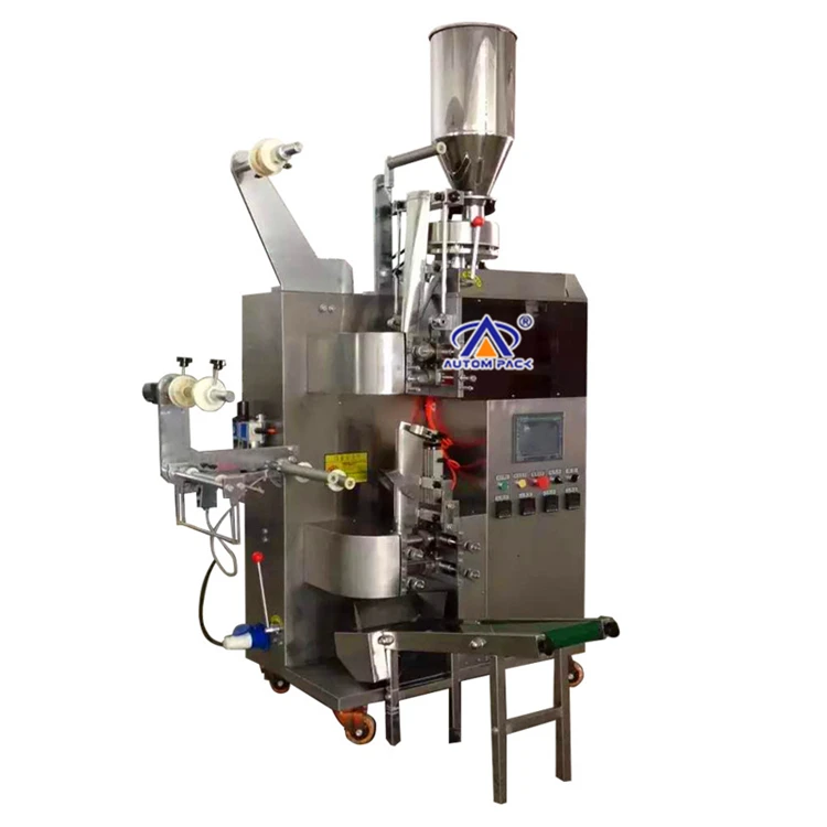 Automatic small tea bag filter paper tea powder sachet pouch packing machine with thread tag