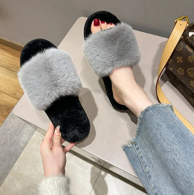 wholesale ladies dressing  fashion open toe fur flip-flops furry home  house slides slippers  women flat slippers