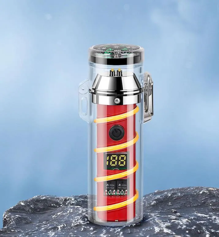 Transparent Shell Flashlight Double Arc Lighter Waterproof Type-C Charging Digital Display Cigarette Torch Lighters