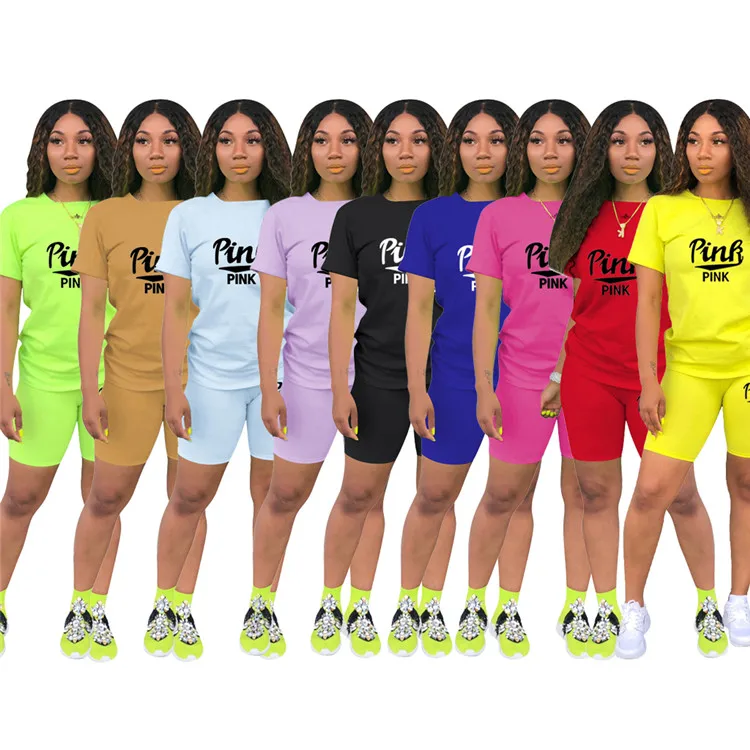 
Hot Sale Sport Ladies Tracksuit Letter Print T-shirt And Short Pants Spring Women 2 Piece Set 