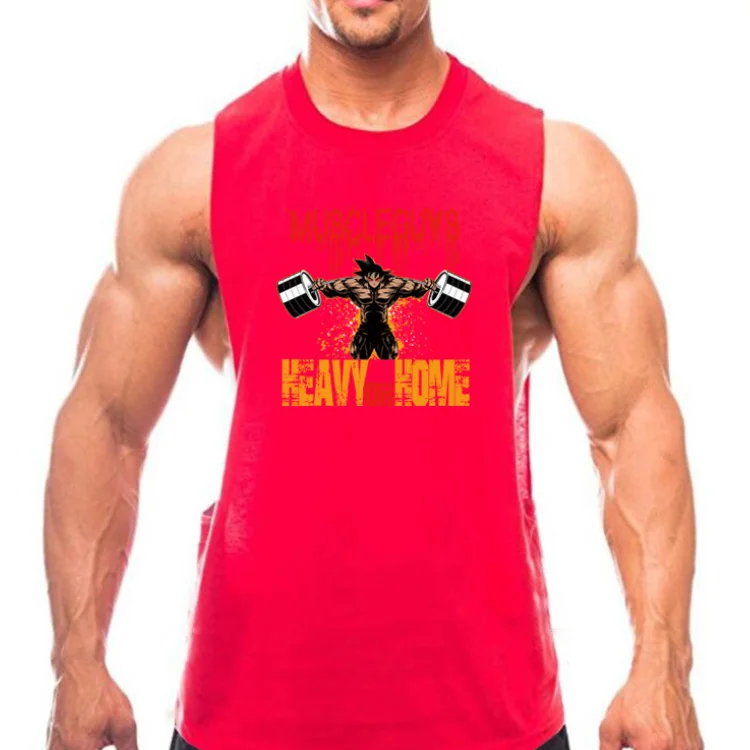 New men summer Muscular man elastic force Breathable GYM clothes printing Anime pattern Fitness Loose sleeveless Tees vest