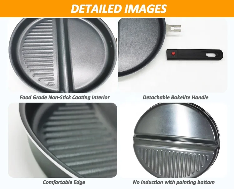 2 Sections Dual Pan Breakfast Egg Frying Pan Meat Grill 2 In 1 Pressed Aluminum Nonstick Divided Pan with Detachable Handle
