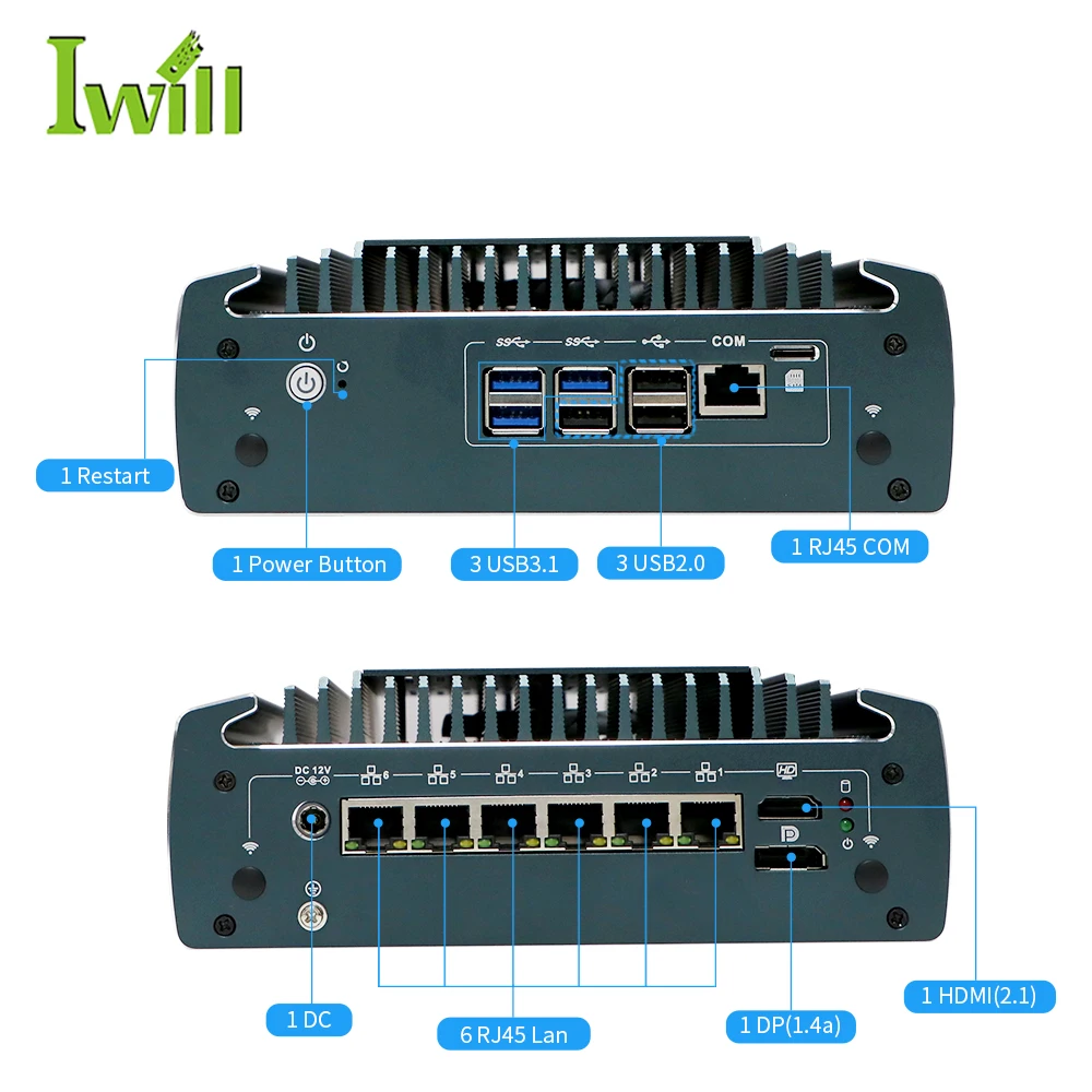 In-tel I7 Processor pc Core I7 6 Ports With 6*2.5G Ethernet port And 12th gen Din Rail Industrial Pc