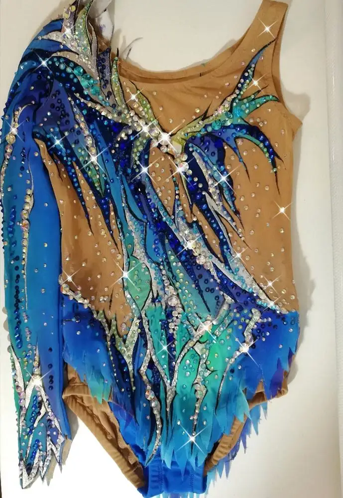 One-sleeve skating dress blue Rhythmic gymnastics leotards costumes girls competition ballroom leotards dance costumes