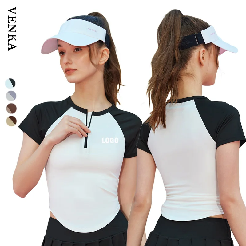 Woman Shirt Short Sleeve Yoga Color Blocking Round Collar Half Zipper Irregular Curve Bottom Top Golf Tennis Ball Sports Shirts