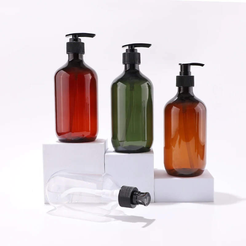 Eco friendly PET large volume Red-brown clear amber green plastic bottle with lotion pump for hand-washing shampoo Gel supplier