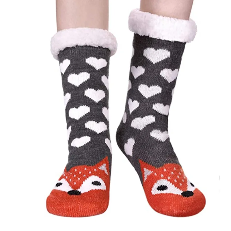 Women fuzzy non-skid funny fluffy socks christmas cartoon animals girls soft cozy warm fleece lined slipper socks with grips