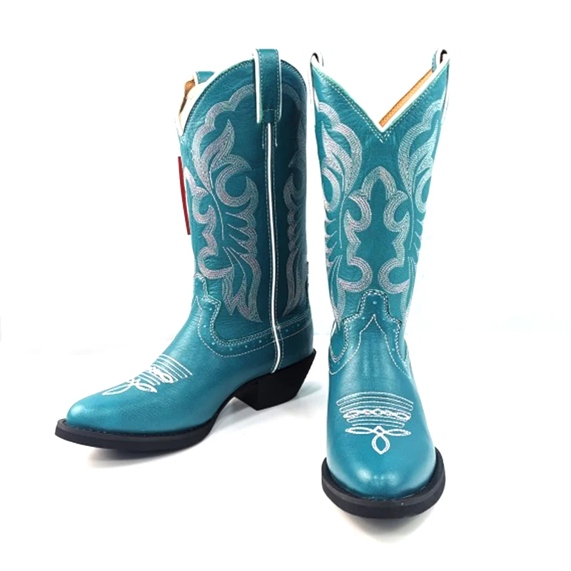 Blue Stitched Embroidered women ladies cowgirl fashion comfortable winter summer autumn western boots