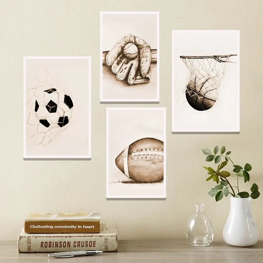 Customization American Retro Sports Poster Wall Art: Football & Basketball Canvas Painting, Nordic Modern Home Living Room Deco