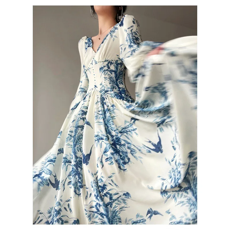 Floral Dress Long Puff Sleeve Dress For Women Printed Decorated Ballroom Dance Gown Formal Woman Clothing