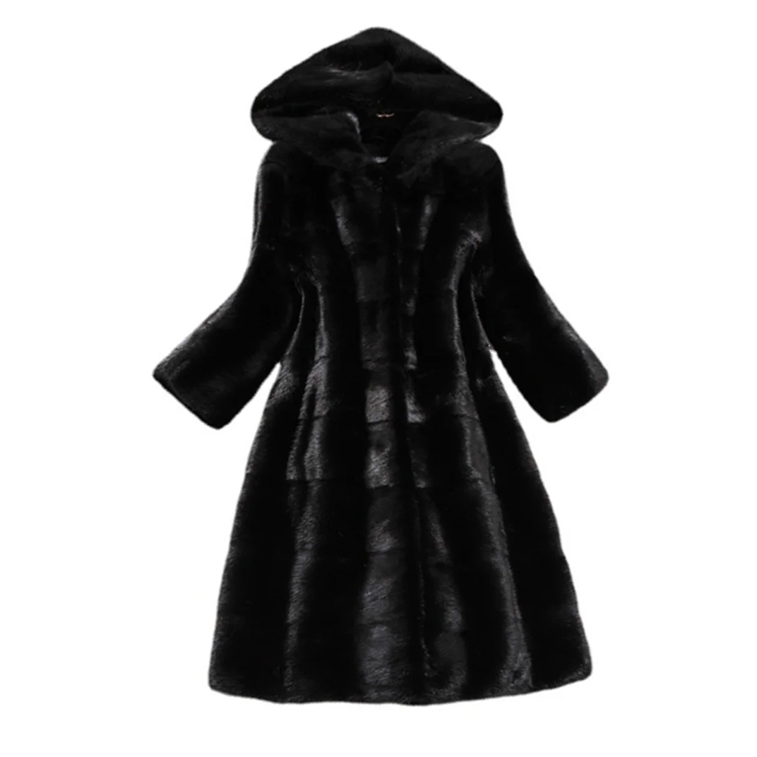 Women Winter Warm Mink Fur Jacket Long Thick Hooded Parka Furry Faux Fur Coat