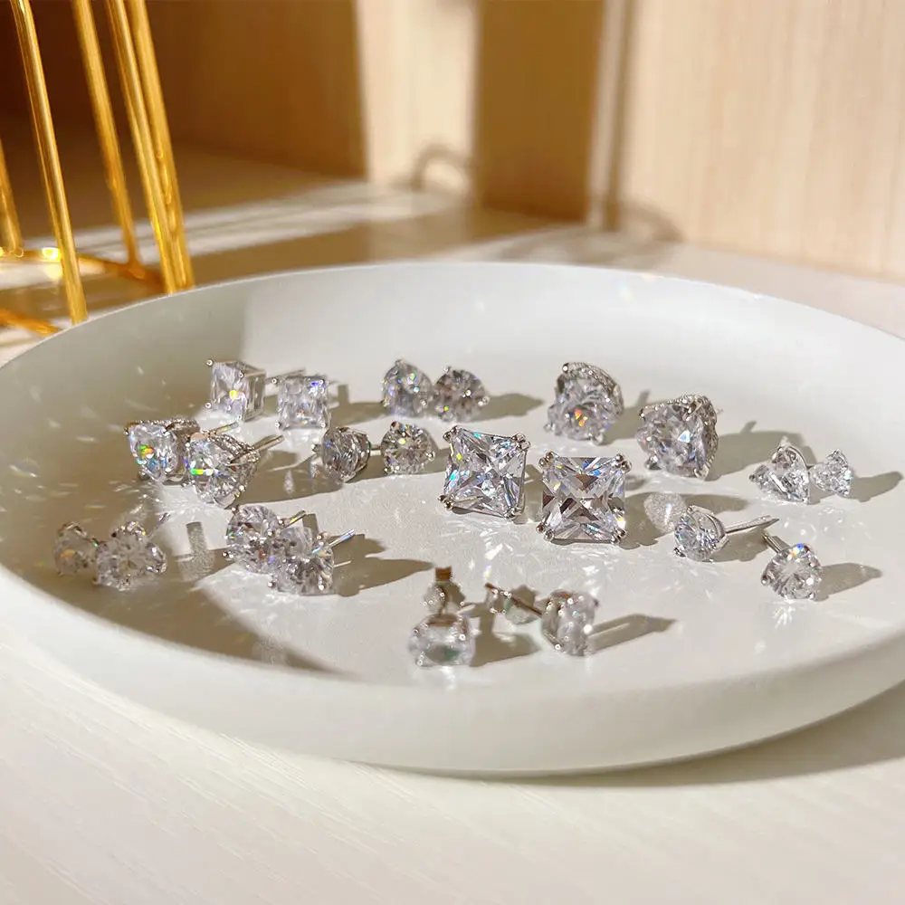 2024 TOP PICK Valentine Day Anniversary Gift S925 Silver Rhodium Plated Heart Square Round Diamond 5A Zirconia Stud Earrings