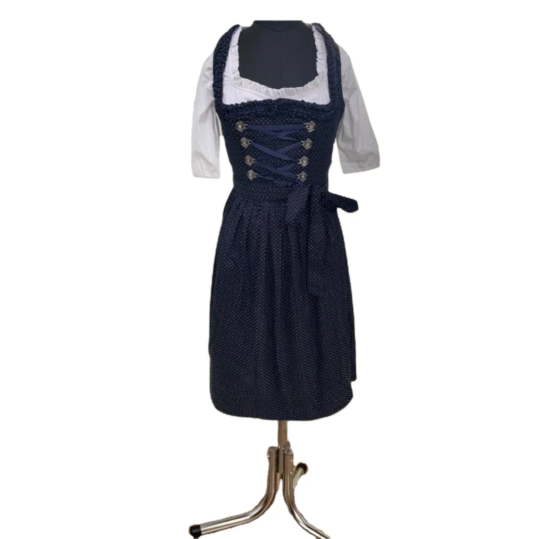 Elegant Navy Blue Dirndl Dress Polka Dot Dress with Lace-Up Classic Apron Design dress